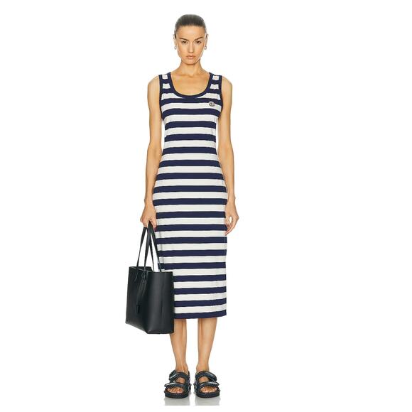 New Moncler Striped Long Dress Navy White Sleeveless Women's Size S